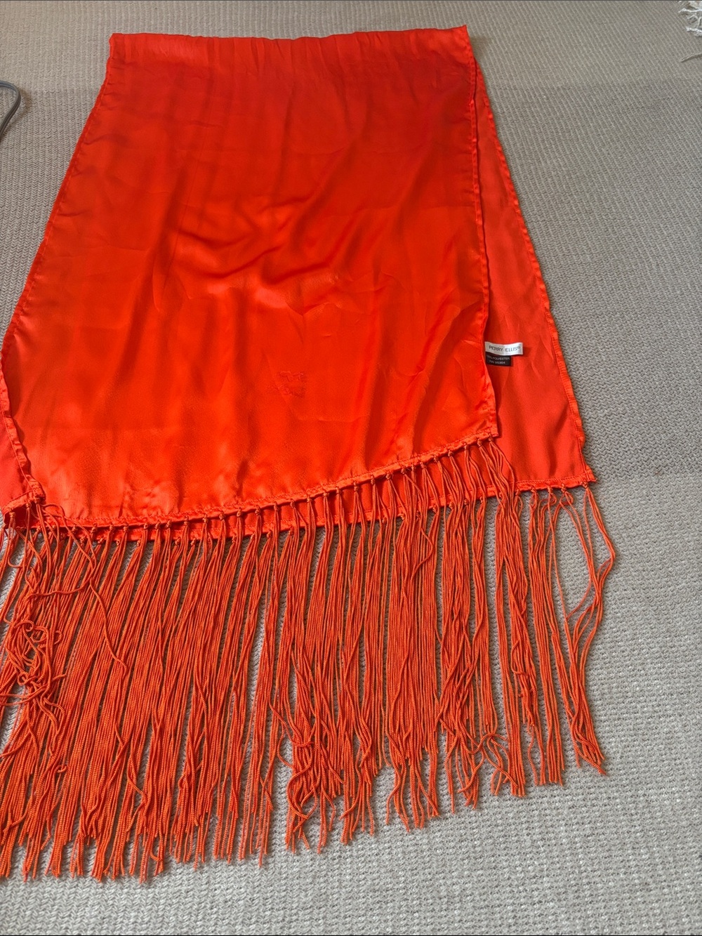 Perry Ellis Bright Orange Scarf with Fringe 20 x 62”
